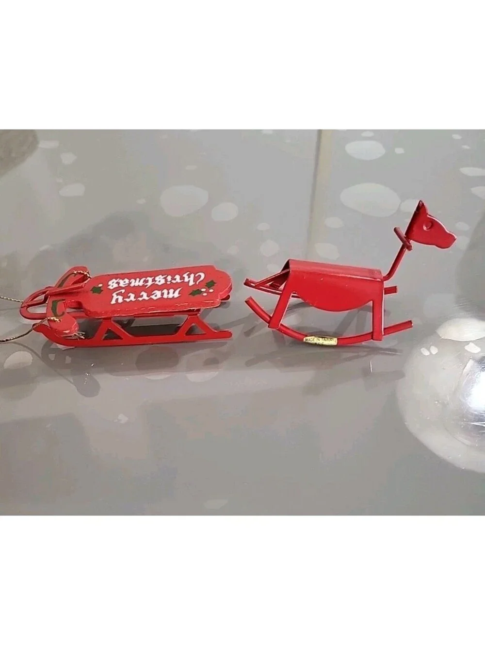 Vintage Metal Rocking Horse And Snow Sled Merry Christmas Ornament Perfect 3